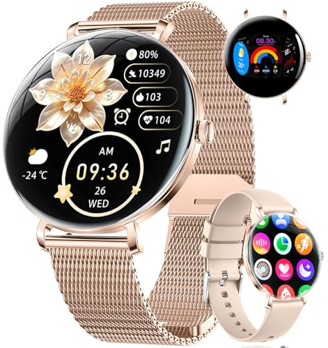 Léger Montre Connectée Femme avec Extra-plat Écran Courbé AMOLED Bluetooth Appels Podómetro/Fréquence Cardiaque 100+ Modes Sportifs 5ATM Imperméable Smartwatch pour Femme Android iOS Rose Dorée