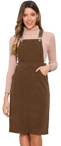 Allegra K Women Corduroy Midi Adjustable Straps Square Neck Pinafore Dress | Sleeveless with front bid pocket and side pockets. Easy on/off. For daily wear, beach, school.