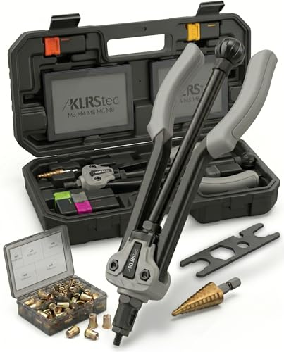KLRStec Professional Rivettatrice per Inserti Filettati Set [M3-M12] Pinza Semiautomatica per Lavoro Più Veloce incl. 70 Inserti Filettati, Punta a Gradini e Valigetta - Kit Pro Dadi a Rivetto