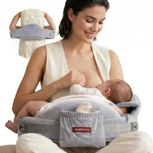 momcozy CozyPro Nursing Pillow, Lumbar & Arm Support, Grey | Innovative Safety Guard, High-Rebound Memory Foam, Secure Adjustable Strap, Convenient Pocket, Removable Velvet Cover