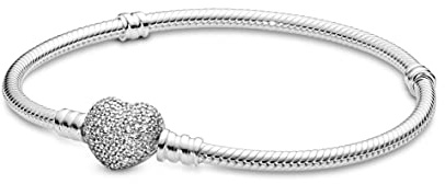 PANDORA Moments Women's Sterling Silver Sparkling Heart Clasp Cubic Zirconia Snake Chain Bracelet for Charms, Size 19