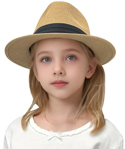 Jastore Little Kids Girls Boys Summer Fedora Straw Hat Wide Brim Floppy Beach Sun Visor Hat (Style B-Khaki, 3-6 Years)
