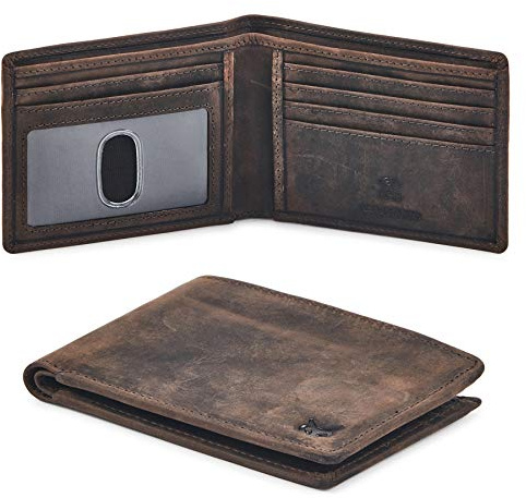 Real Leather Mens Bifold Wallet RFID Blocking Slim Minimalist Front Pocket - Thin & Stylish with ID Window in Gift Box (Crazy Horse, Coffee)