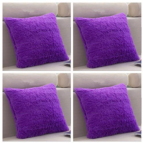 SET OF 4 - Extra Soft Teddy Bear Faux Fur Fleece Cushion Covers 45cm x 45cm / 18x18-14 Amazing Colours (Purple)