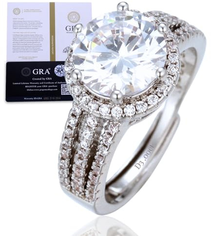 HALUKAKAH Anello da Donna Moissanite D3,0 ct Argento Sterling 925 Placcato Platino con Certificato,Diamanti da Laboratorio Rotondo Halo a Griffe in Set Nuziale,per Fidanzamenti,Matrimoni,Regolabile