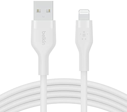 Belkin BoostCharge Flex Silikon-USB-A/Lightning-Kabel, 2 m, MFi-zertifiziertes Ladekabel für iPhone 14/14 Plus, 13, 12, 11, Pro, Max, mini, SE, iPad und andere Geräte – Weiß