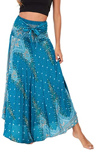 FEOYA Estilo Bohemio de Las Mujeres Falda Ocasional de 2 en 1 Cintura Elástica Floral, Falda Bohemia Larga Mujer Casual para Playa Viaje Estilo 15