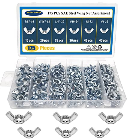 175 PCS Wing Nuts Fasteners Butterfly Wing Nuts SAE Steel Wing Nut Assortment kit from #6 to 3/8’’