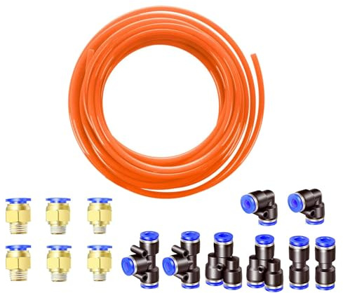 HUAZIZ Pneumatisk luftslang PU 12 mm OD 8 mm ID, 10 m orange 14 däck snabbkopplingar