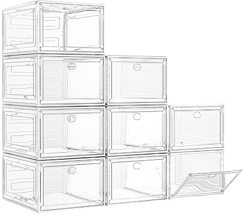 7 code Large Clear Shoe Boxes Organizer【Thicker Material】 Stronger Shoe Box with Magnetic Door, Stackable Shoe Storage Box for Closet, Foldable Space-Saving Storage Bins Shoe Cabinet, White 9 Pack