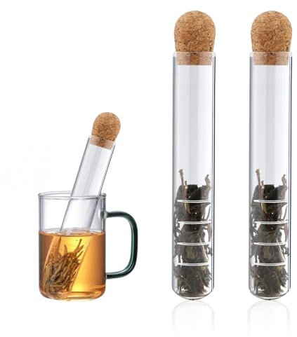 Jeffdad Colino da tè in vetro resistente al calore, 2 pezzi, per tazze, in vetro trasparente, per tè sfuso, con sughero, microforato, per la maggior parte delle tazze da tè e ciotole da tè, 15,5 x 3