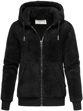 REPUBLIX Damen Teddy Sweatjacke Plüsch Hoodie Pullover Zipper Jacke RD-015 Schwarz XL