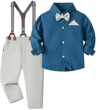 Volunboy Bimbo Neonato Completini e Coordinati Gentiluomo, Camicia Fiocco e Bretelle Pantaloni 4 Pezzi(3-4 anni,Taglia 110,Grigio Blu)