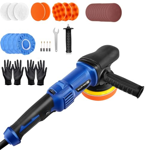 Pulidora de coche, 920 W, pulidora excéntrica, 6 velocidades variables, juego con almohadillas de pulido de 127 mm, 2800 – 5800 rpm, tratamiento profesional para pulir coches, barcos, motocicletas