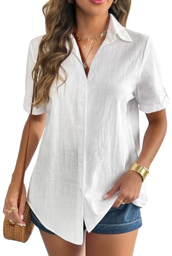 WINKEEY Mujeres Lino Botón Abajo Camisa Cuello en V Blusa Enrollada Puños Manga Corta tee Shirt Color Sólido Tops (Blanco,M)