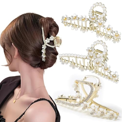 Ypkia 3 pezzi fermacapelli a fiori con perle, fermacapelli in metallo dorato, grandi, per donne e ragazze, accessori per capelli spessi