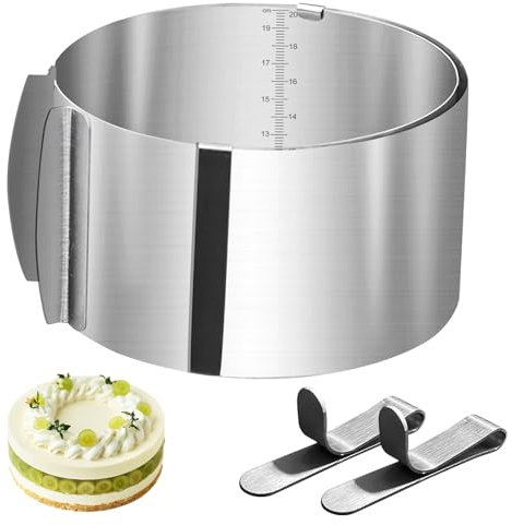 Tortenring, 20 cm Edelstahl Backring Verstellbar Hoch 16-30 cm, Kuchenring mit Befestigungsclips, Backrahmen rund zum Backen und Dekorieren für die Einfache Zubereitung von Creme, Schicht, Motivtorten