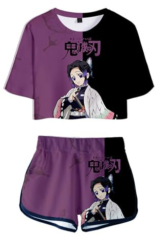 WANHONGYUE Anime Ensemble Short et Crop Top Femme Fille Survêtement de 2 Pièces Été T-Shirt à Manches Courtes + Pantalon Court pour les Activités Sportives