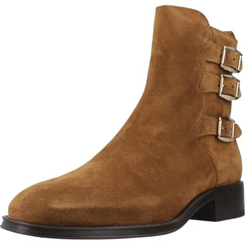 ALPE - Botín con tacón ancho y bajo,punta fina,ante,piel,hebillas de adorno,bota tobillera,cremallera, para: Mujer color: CUERO talla:37
