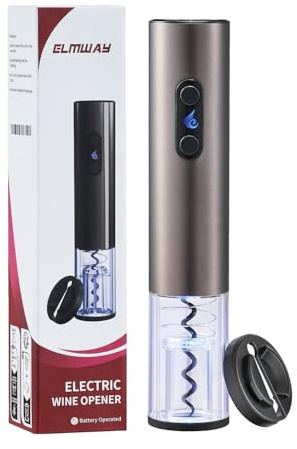 ELMWAY VinoLux Series Battery Electric Wine Opener – Electric Corkscrew, Foil Cutter, Dual LED Lights, Transparent Window & Brushed Stainless Steel Shell, 4 AA Batteries Required – Black