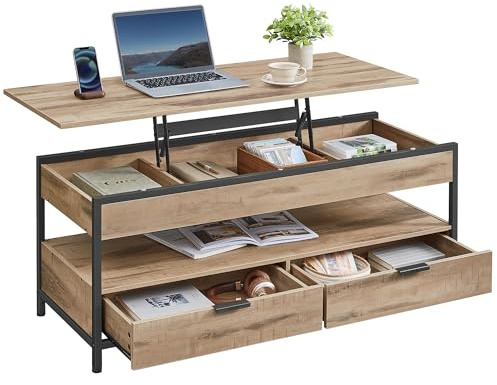 VASAGLE Couchtisch, höhenverstellbarer Wohnzimmertisch, Kaffeetisch, mit Schubladen, offenes Fach, 50 x 120 cm, Kamelbraun-tintenschwarz LCT252K02