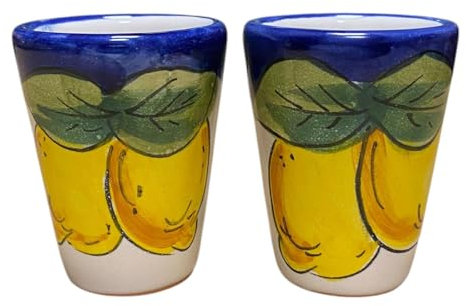 La Maison Unique: Set of 2 Limoncello Glasses in Vietri Ceramic Traditional Amalfi Coastal Decoration Hand Painted Lemons Blue Background 1212241903
