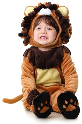KUKIKUKI Halloween Baby Costumes Lion Toddler Outfit Infants Cow Cosplay Plush Romper Set with Gloves Footwear Coiffure Dress Up Party (LION, 120)