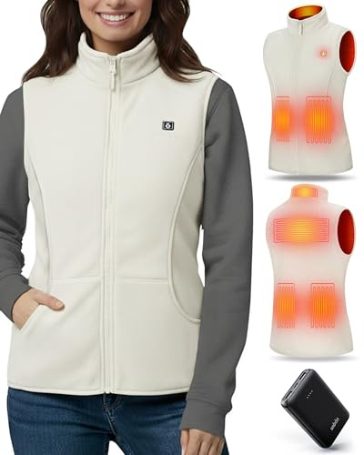 UNBON Chaleco Calefactable Mujer, Chaleco Calefactable Polar con Batería USB 10000mAh, Chaleco Térmico Eléctrico Calefactor con 3 Temperaturas 6 Zonas de Calefacción para Moto Caza Trabajo Blanco S