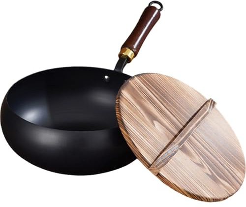 Obelunrp Järnpanna, 25 cm non-stick obelagd wokpanna med trälock, lätt att rengöra järnstekpanna med hängande anti-skållningshandWok