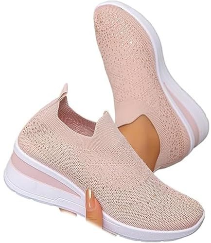 Scarpe da ginnastica da donna con zeppa, alla moda, traspiranti, con strass, senza lacci, ortopediche, zeppa, luccicanti, rosa, 40 EU
