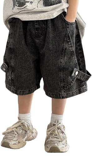 Short Jean Enfant Garcon Shorts De Sport pour Enfant D'été avec Bande Élastique Jean Jorts Droit Elastisch Y2k Décontracté Streetwear Coupe Ajustée Mode avec Poches Age 4-16 Ans (Black, 15-16 Years)