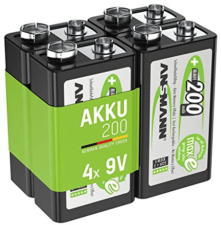 ANSMANN Batería de 9 V, 200 mAh, NiMH, 4 Unidades con Baja autodescarga, Pilas Recargables maxE con Alta Capacidad, batería de 9 V para medidor, multímetro, Juguete, Mando a Distancia, etc.