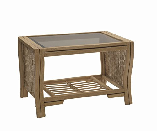 Desser Opera Coffee Table with Storage Shelf – Glass Top Table with Light Oak Wicker Rattan Cane Pole Frame – Luxury Indoor Conservatory or Living Room Furniture - H49cm x W72cm x D52cm