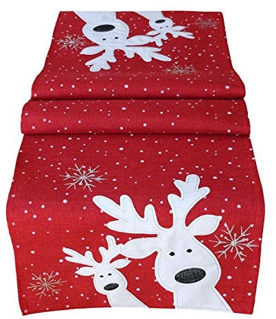 Tischläufer 40 x 85 cm rot weiß Silber, lustiger Elch, Rentier, Tischdecke, Weihnachten Weihnachtsdeko Weihnachtstischdecke kurz