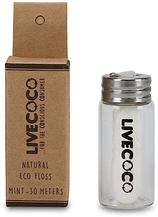 LiveCoco Zero Plastic Dental Floss, Tooth Floss for Adults and Kids with Refillable and Reusable Glass Holder, Waxed Floss with Fresh Mint Flavour for Oral Care, 30m Floss Spool