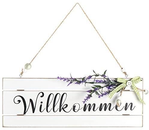 com-four® Türanhänger Willkommen - Türschild aus Holz zum Aufhängen mit Kunstblüte, Schleife und Holzperlen - Aufhänger zur Frühlingszeit, Ostern und Sommer (01 Stück - weiß/schwarz)