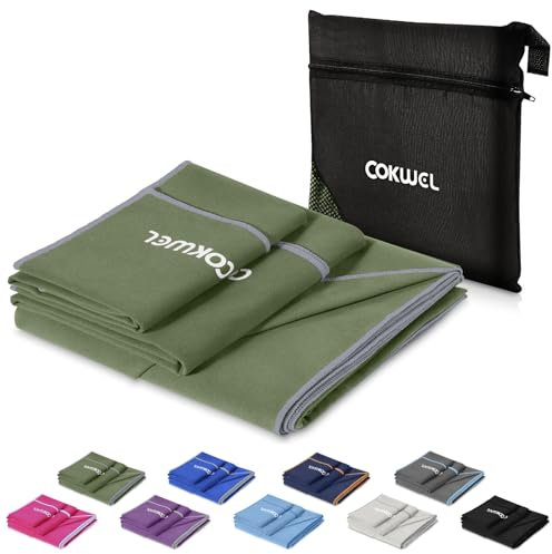 COKWEL Reisehandtuch Mikrofaser Handtuch 3 Stück-152x80cm/80x38cm/38x38cm - Schnelltrocknender Sporthandtuch, Saugfähiger Microfaser Handtücher für Fitnessstudio, Reisen, Strand, Yoga(olivgrau)