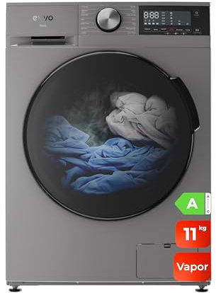 EVVO Lavadora 11kg, Vapor, Motor Inverter, Bajo consumo, Clase A, Hygiene Pro, Lavado Rápido 15', Tambor ePROTECT, SMART LOAD, 1400 rpm, 13 programas, Carga frontal, Nova (11Kg, Inox)