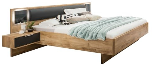 Lomadox Bettanlage Bett Doppelbett 180cm mit Nachtschränken, Beleuchtung und Polsterkopfteil, Graphit und Eiche