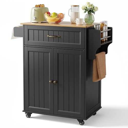 Bealife Carrello da Cucina, Mobile Cucina,con Ruote e Piano di Lavoro，Carrello di Servizio con 2 Ante e 1 Cassetto, Carrello Salvaspazio per Cucina e Soggiorno (Nero)
