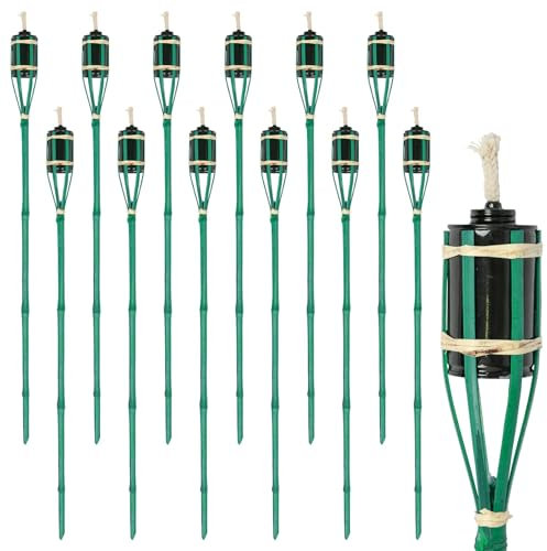 Harbour Housewares 12x Vert 113cm Torches de Jardin en Bambou - Extérieur Paraffine Lampe Huile Brûleur Tiki Bougie Flamme Lanterne Lumière sur Piquet