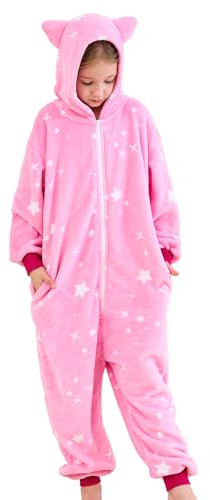 Piefry Tuta da Notte con Orecchie di Gatto per Ragazze - Pigiami Interi per Gatti Morbida Tutine per Bambini (Stelle Rosa, 3-4 Anni)