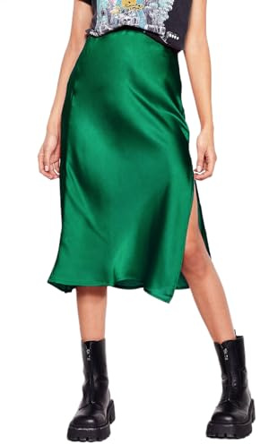 Dam satinkjol elastisk midja lång hög midja kjol elegant delad fåll midikjol midi affärskjol, Mörkgrön, L