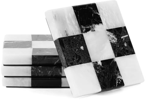 EarthenTones Zebra svart-vita marmorunderlägg, 4 st, 10,2 cm, rutigt, för drycker, handgjord köksdekoration, dekorativa heminredningsartiklar, moderna underlägg, tallrikar för