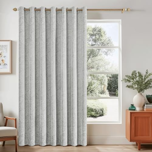 Beauoop Grey Floral Jacquard Blackout Curtains 84 Inches Long for Patio Sliding Door Extra Wide Chenille Flower Divider Room Darkening Thermal Soundproof Grommet Window Drapes, 100x84 Set of 1