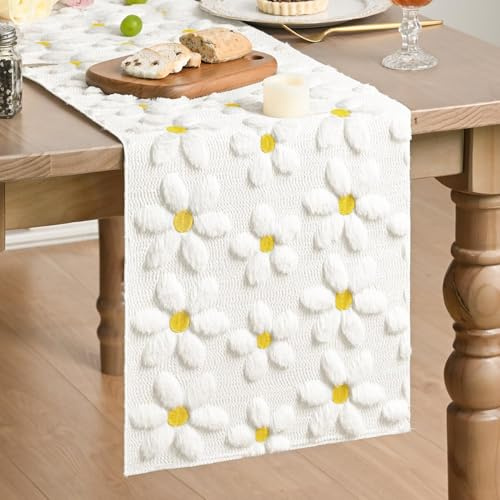 Artoid Mode White Soft Plush Faux Fur Jacquard Embroidery Daisy Spring Table Runner, Kitchen Dining Table Decoration for Home Party Decor 13x72 Inch