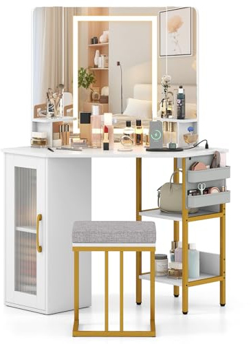 COSTWAY Hörnsminkbord med LED-belysning och laddningsstation, hörntoalettbord trä och metallram, sminkbord med pall, trippelspegel, förvaringsutrymme för sovrum och vardagsrum
