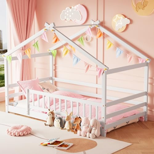 Redpick Twin House Bed, Montessori Floor Bed for Kids, Wooden Montessori Beds, Wooden Floor Bed Frame with Fence, Low Floor Beds for Toddlers, Kids, Boys, Girls, No Box Spring Needed (White)