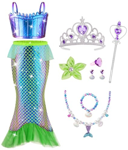 AOOWU Sjöjungfru flicka kostym, 9 st kostym flicka prinsessklänning sjöjungfru flicka med toppar, kjolar, syrhalsband örhängen tillbehör, kostym flicka halloween cosplay födelsedag karneval fest