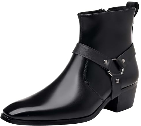 ANUFER Hommes 5cm Talon Bloc Fermeture éclair Latérale Bottines | Cuir PU, Style Punk Cool, Sangle Rivetée, Bout Carré, Chaussures Habillées